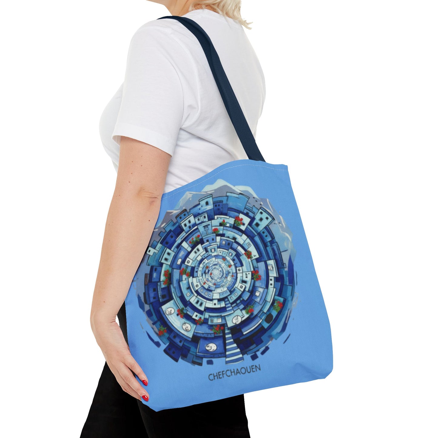 Blue Circular Cityscape Tote Bag — Abstract Urban Spiral All-Over Print Tote