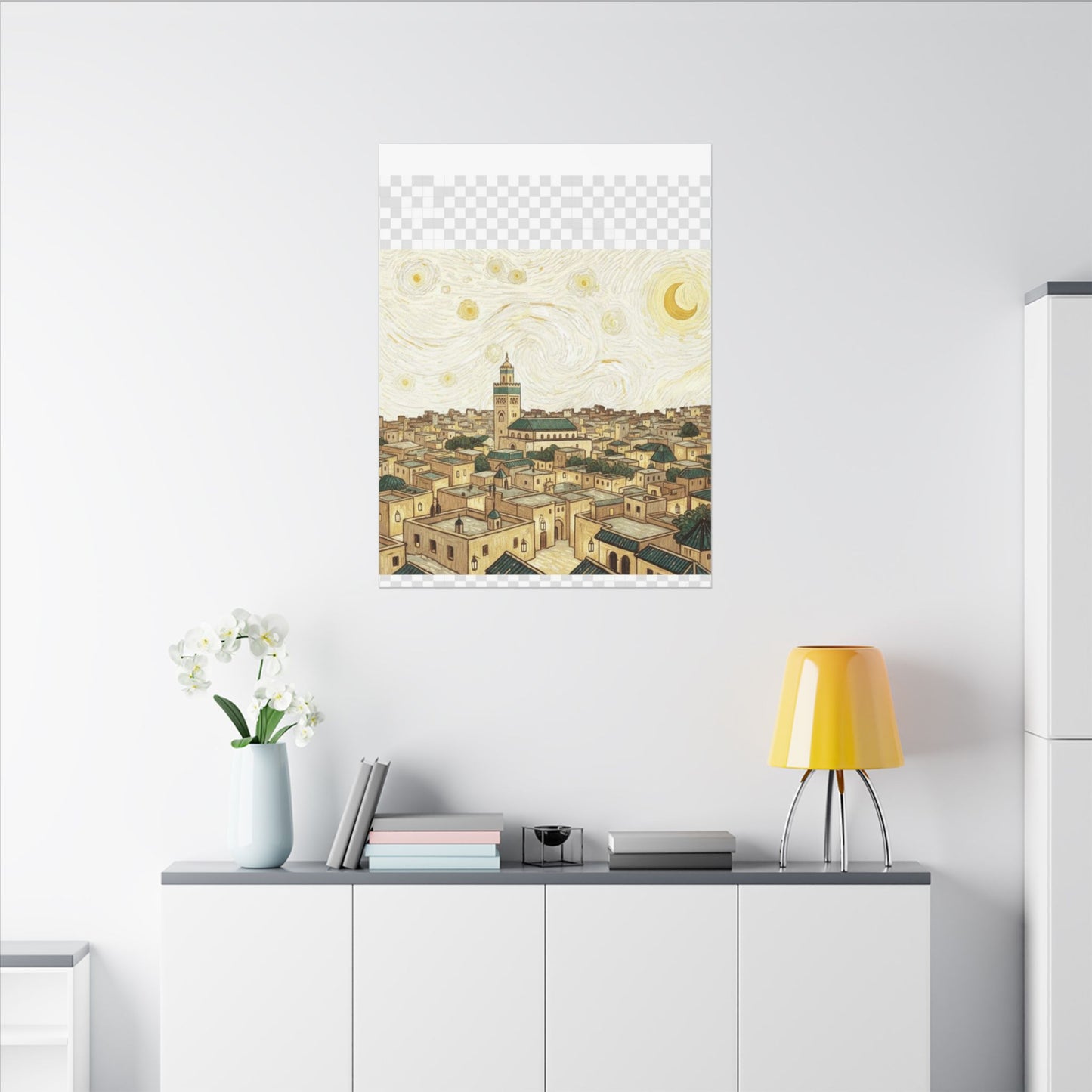 Moroccan Cityscape Canvas Print — Starry Night-Inspired Mosque Wall Art