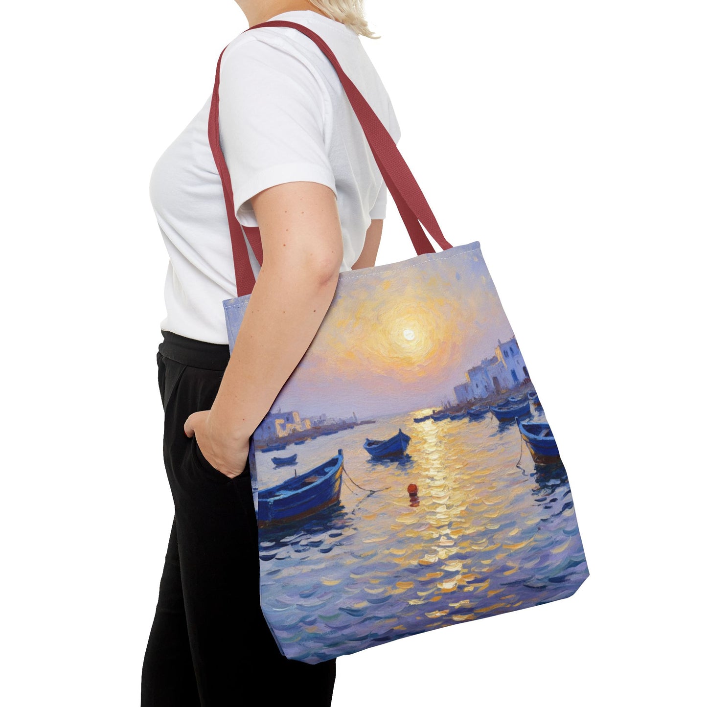 Sunset Harbor Tote Bag - Seaside Boats Art Print