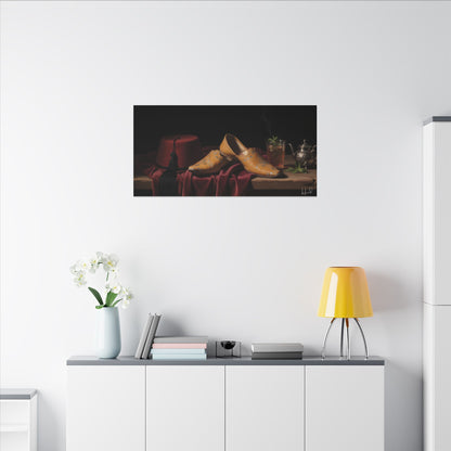 Nature morte sur toile — Chaussures en cuir et fez, décoration murale