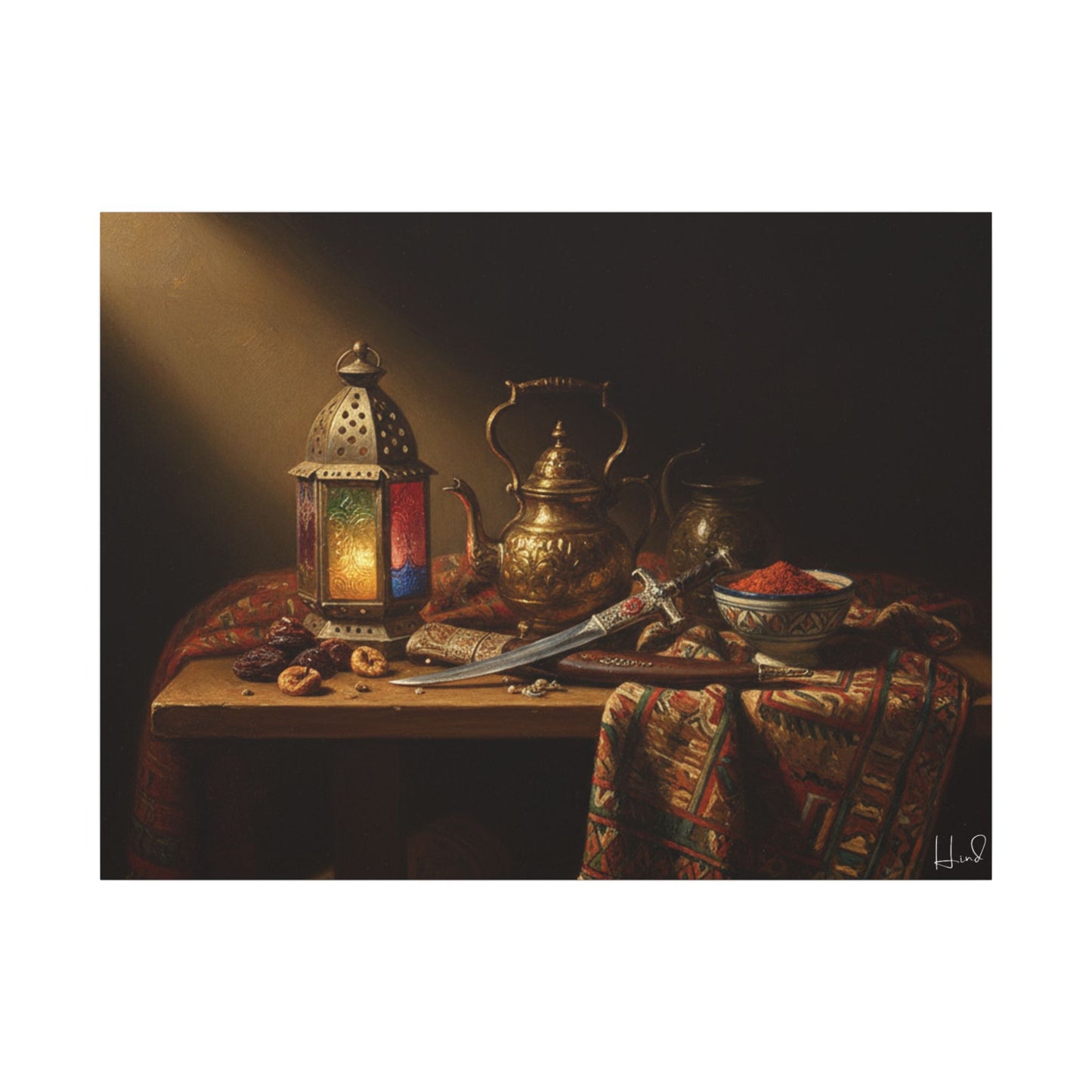 Oriental Still Life Canvas — Vintage Brass Teapot & Lantern Wall Art