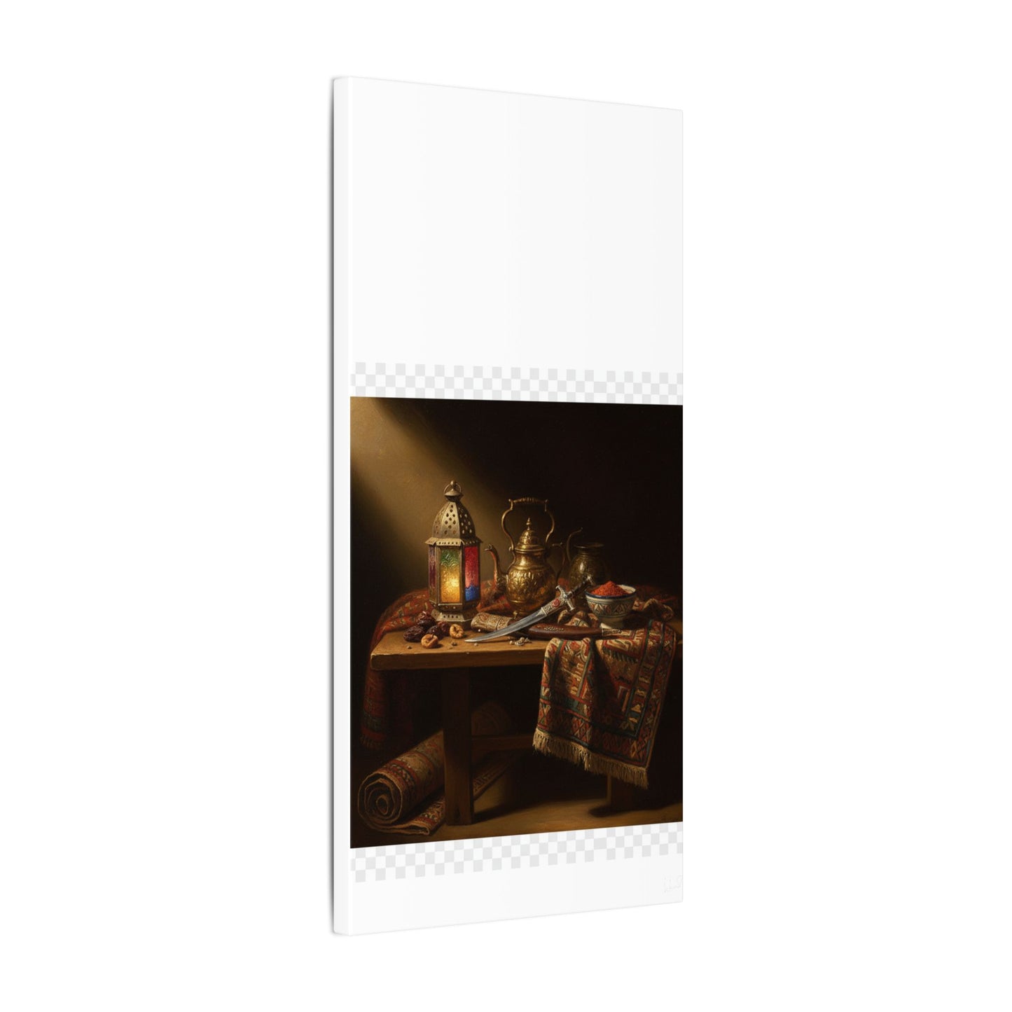 Oriental Still Life Canvas — Vintage Brass Teapot & Lantern Wall Art