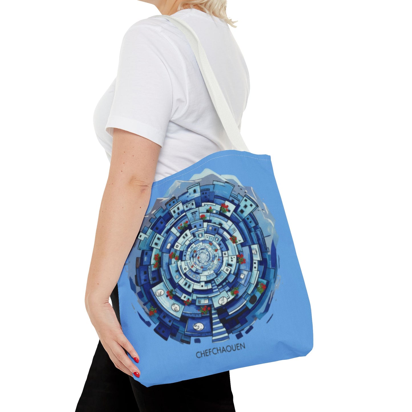 Blue Circular Cityscape Tote Bag — Abstract Urban Spiral All-Over Print Tote