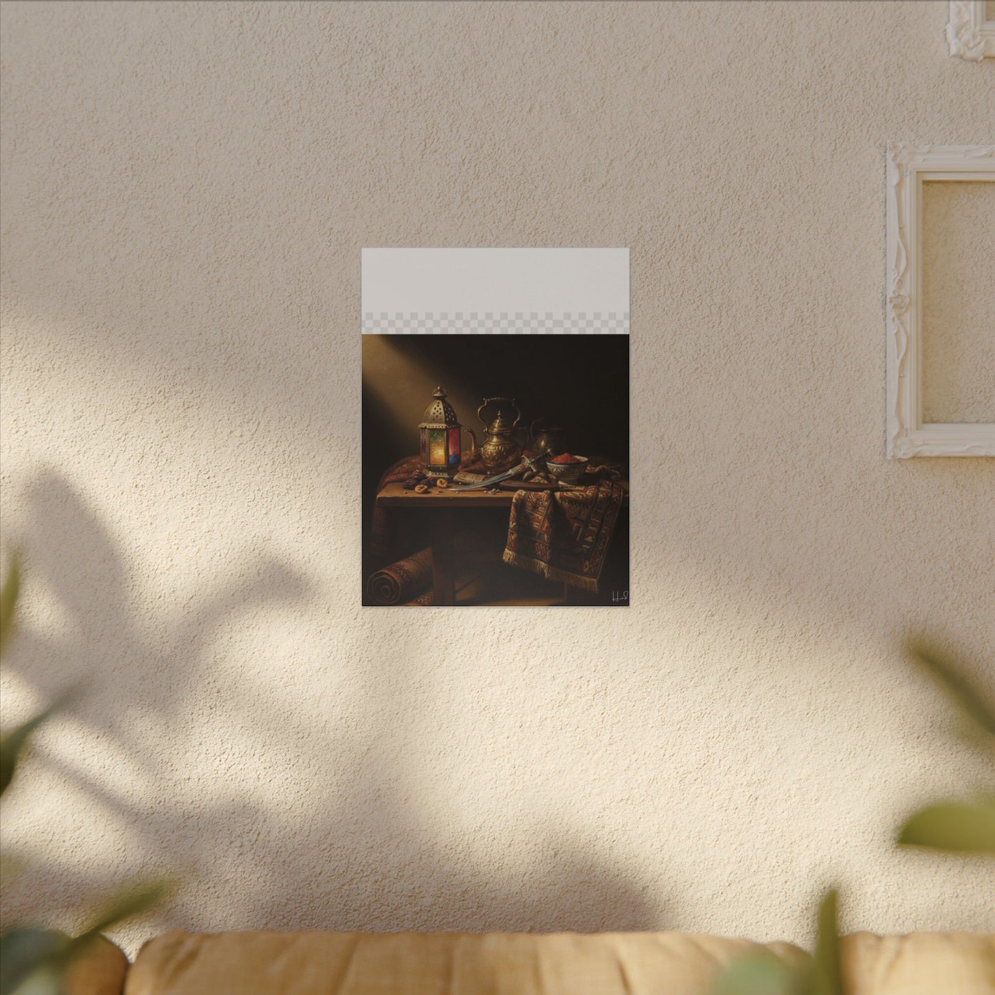 Oriental Still Life Canvas — Vintage Brass Teapot & Lantern Wall Art