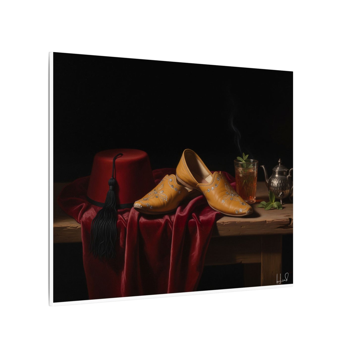Nature morte sur toile — Chaussures en cuir et fez, décoration murale