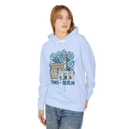 Tunis × Berlin Hoodie — Travel Mashup Graphic Hooded Sweatshirt