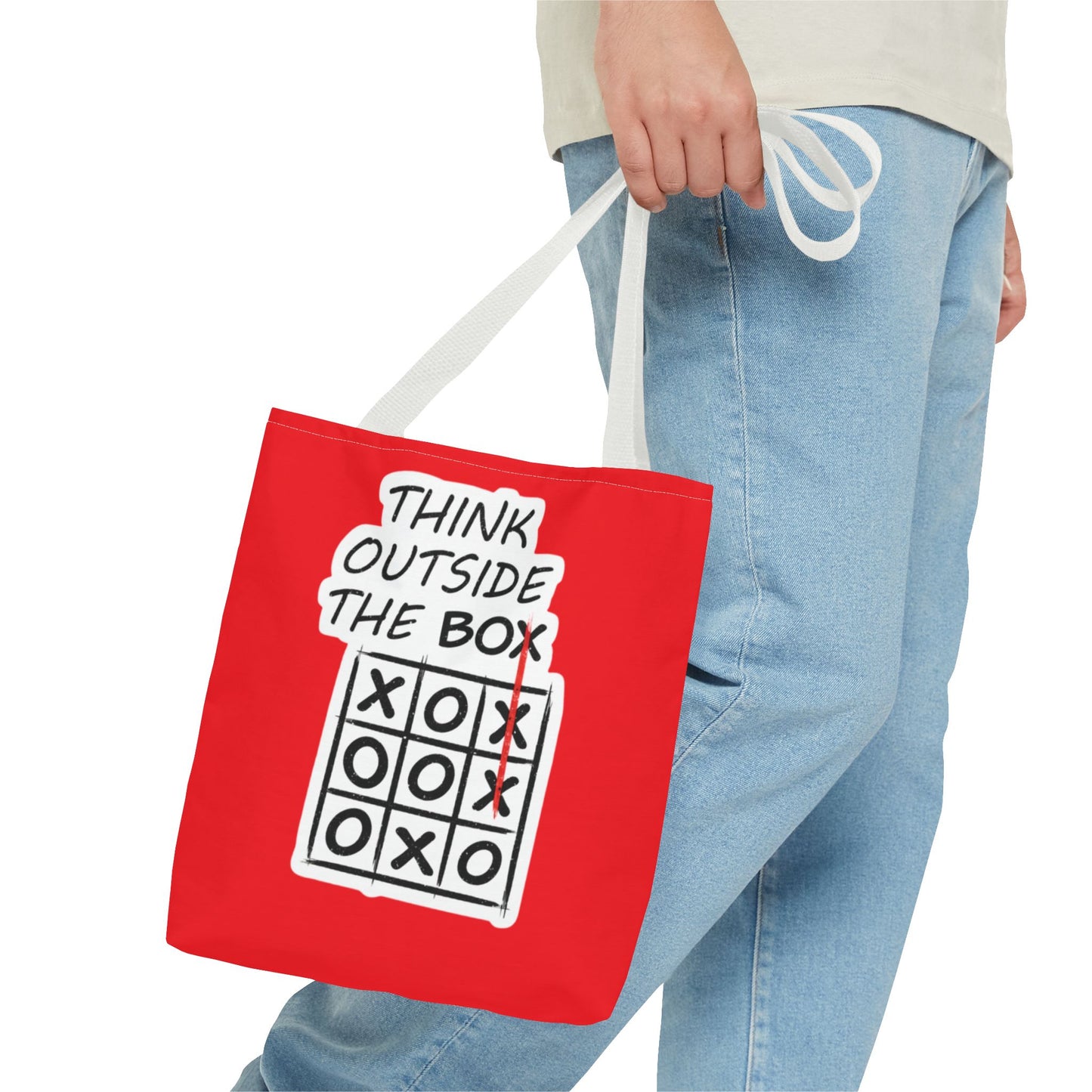 Think Outside the Box Tote Bag — Red Tic-Tac-Toe Motivational Canvas Tote