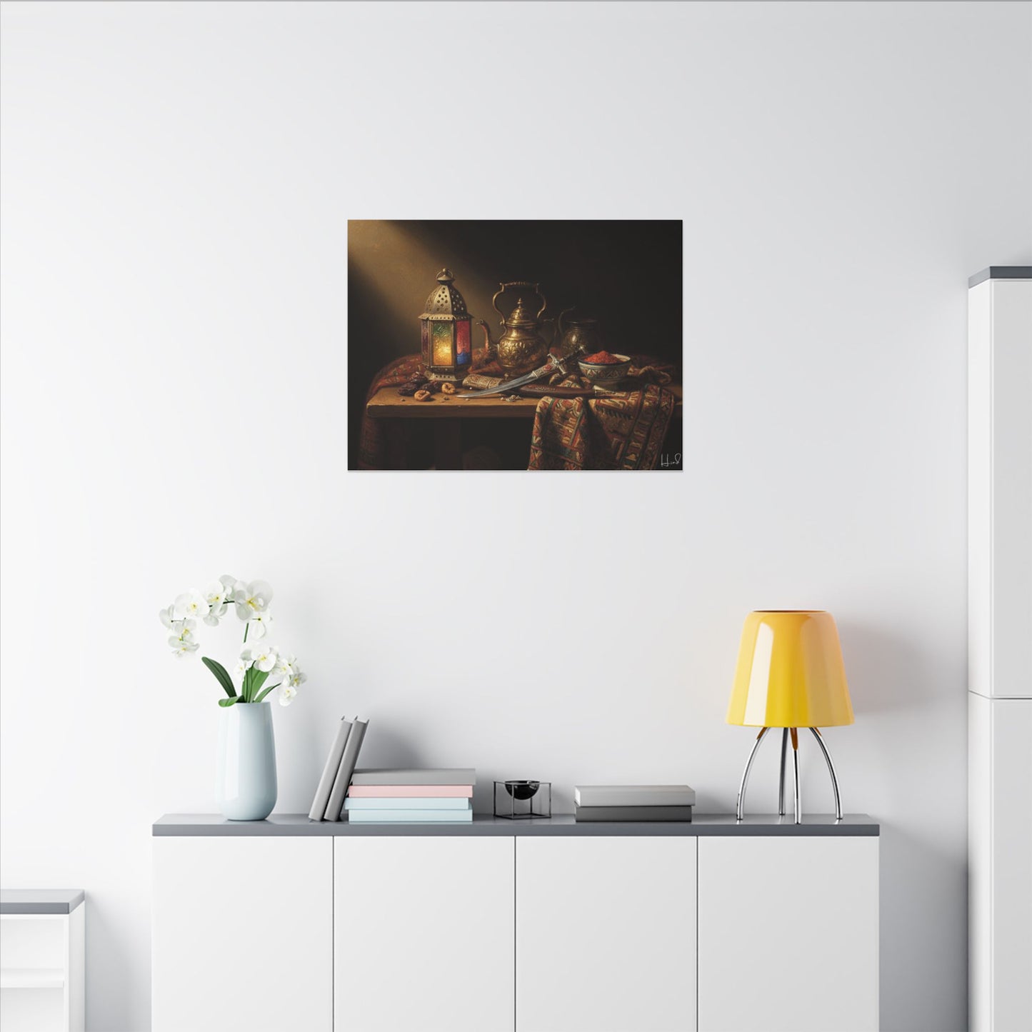 Oriental Still Life Canvas — Vintage Brass Teapot & Lantern Wall Art