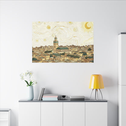 Moroccan Cityscape Canvas Print — Starry Night-Inspired Mosque Wall Art