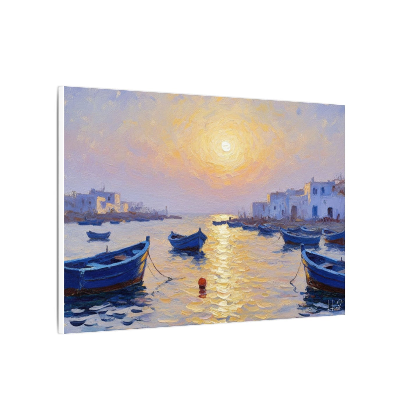 Seaside Sunset Canvas Print — Boats on Tranquil Harbor Wall Art