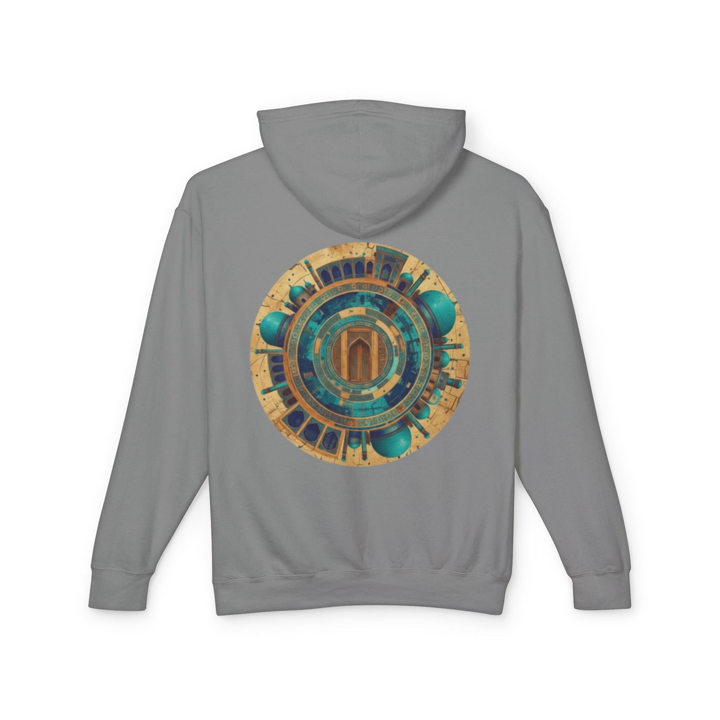 Hoodie — Vintage Teal & Gold Circular Architectural Graphic Hooded Sweatshirt