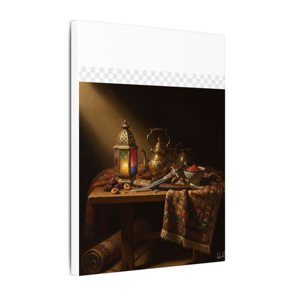 Oriental Still Life Canvas — Vintage Brass Teapot & Lantern Wall Art