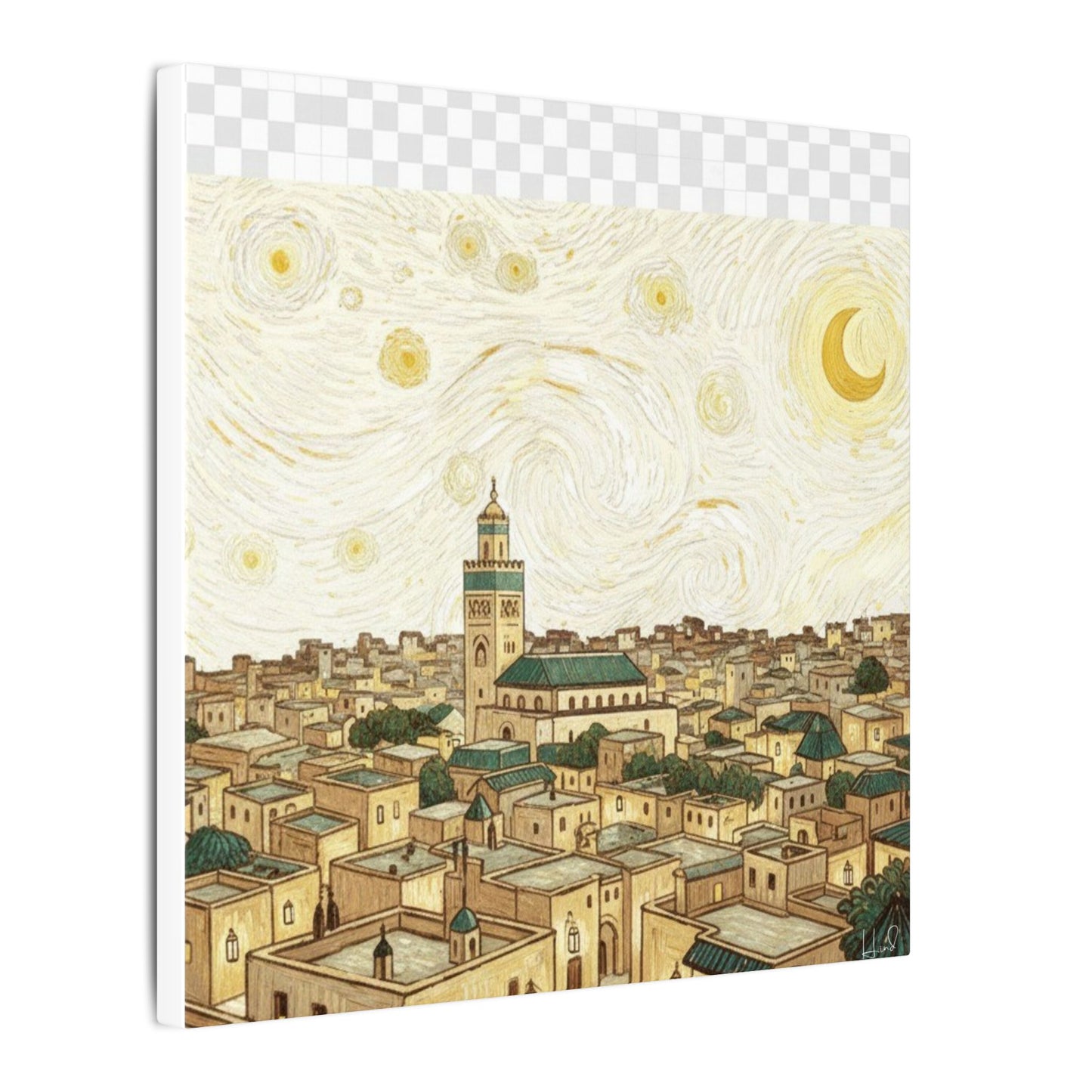 Moroccan Cityscape Canvas Print — Starry Night-Inspired Mosque Wall Art