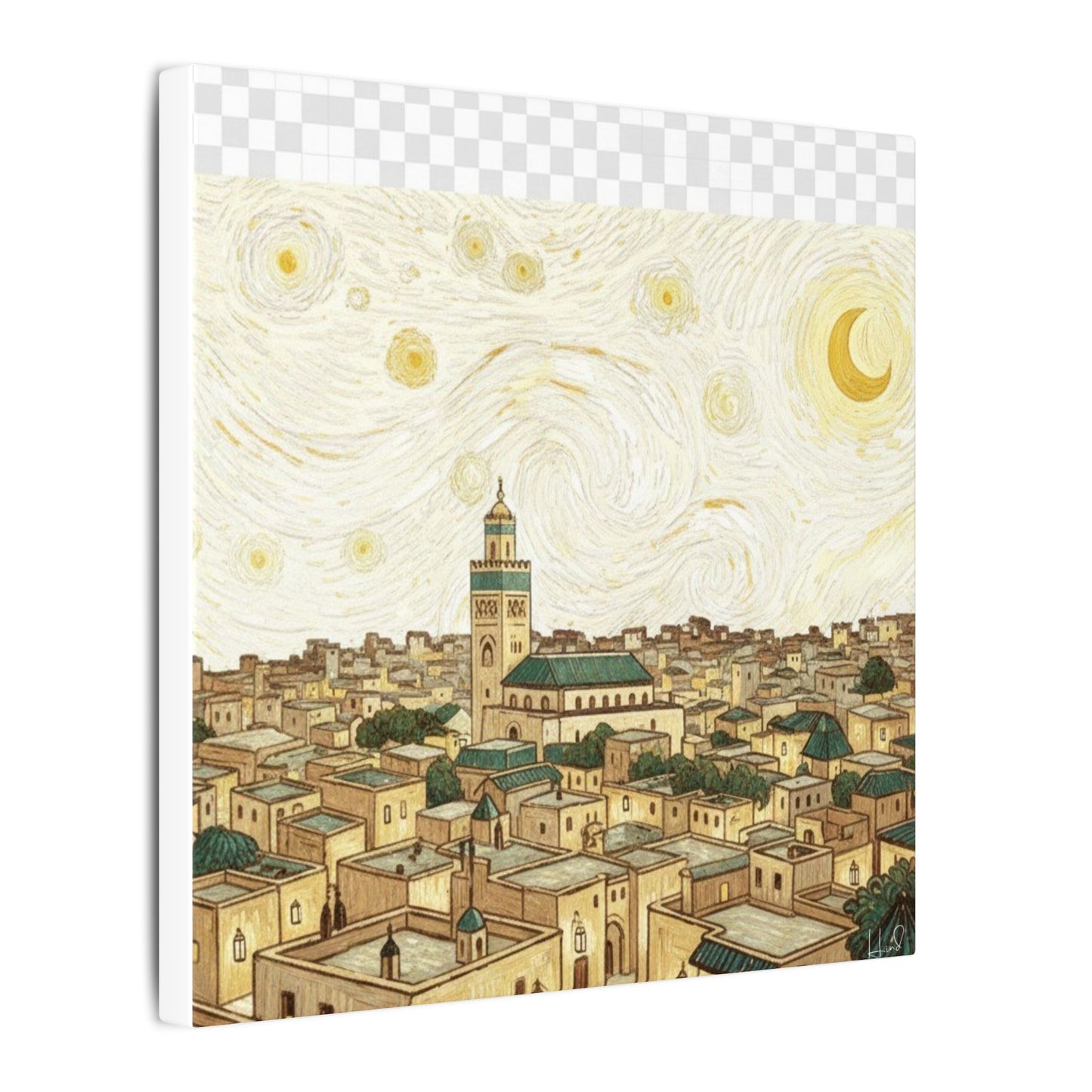 Moroccan Cityscape Canvas Print — Starry Night-Inspired Mosque Wall Art