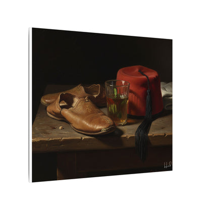 Still Life Canvas Print — Leather Shoes & Red Fez Wall Art