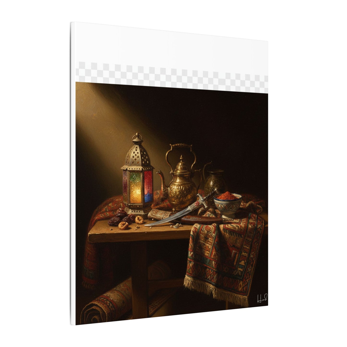 Oriental Still Life Canvas — Vintage Brass Teapot & Lantern Wall Art