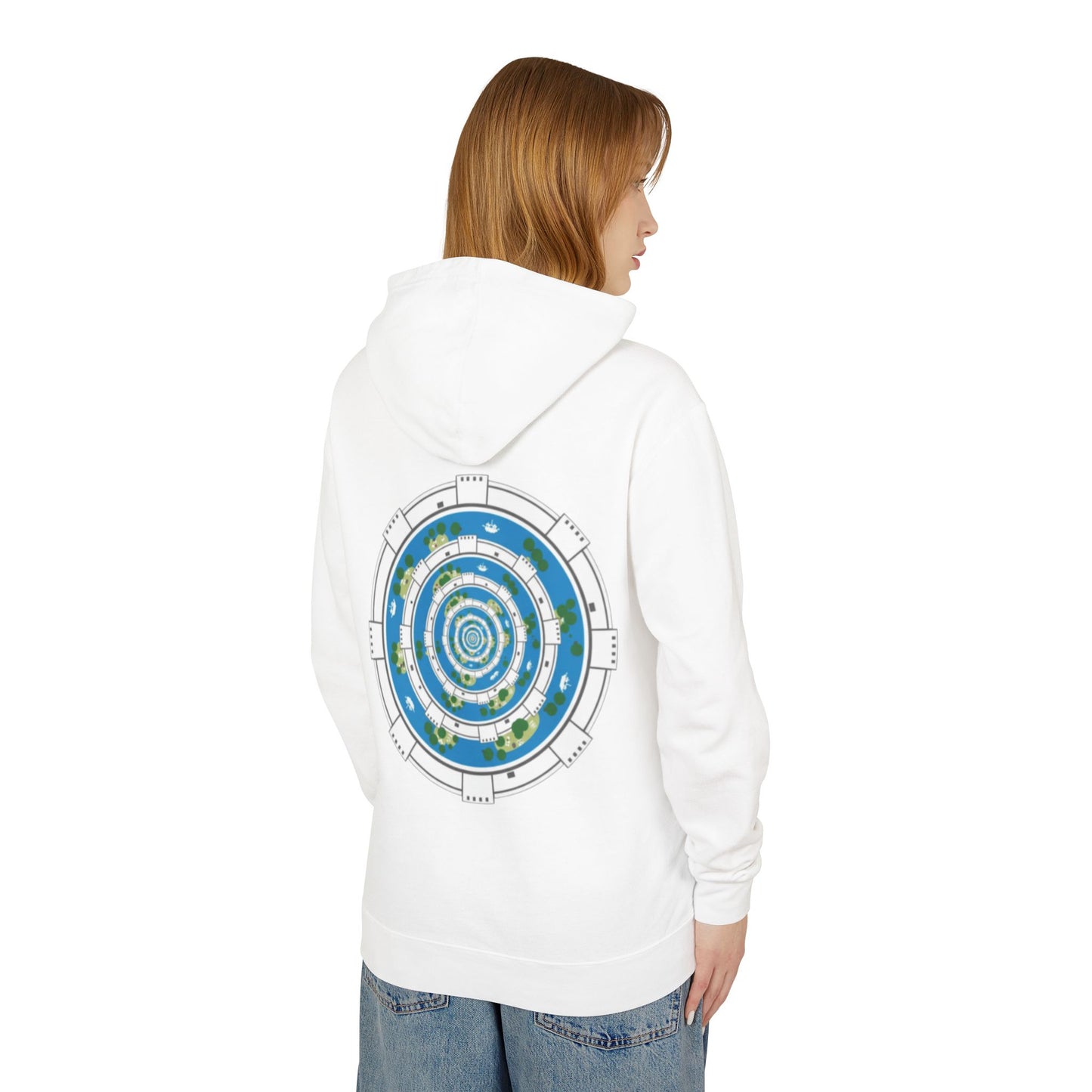 Circular World Map Hoodie — Planet Orbit Graphic Lightweight Hooded Sweatshirt