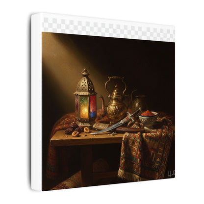 Oriental Still Life Canvas — Vintage Brass Teapot & Lantern Wall Art