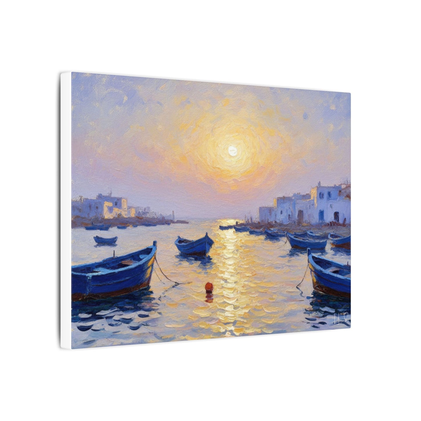 Seaside Sunset Canvas Print — Boats on Tranquil Harbor Wall Art