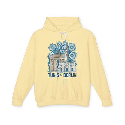 Tunis × Berlin Hoodie — Travel Mashup Graphic Hooded Sweatshirt