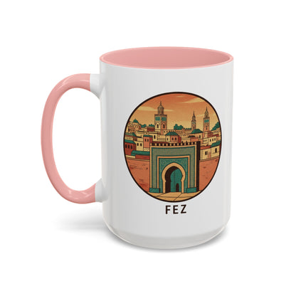 Mug à café Fez Landmark Accent — Souvenir de voyage représentant un paysage urbain marocain (11/15 oz)