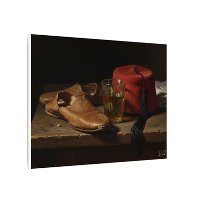Still Life Canvas Print — Leather Shoes & Red Fez Wall Art