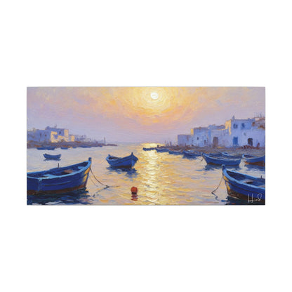 Seaside Sunset Canvas Print — Boats on Tranquil Harbor Wall Art
