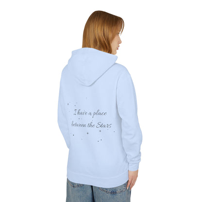 Starry Script Hoodie — "I Have a Place Between the Stars" Lightweight Pullover
