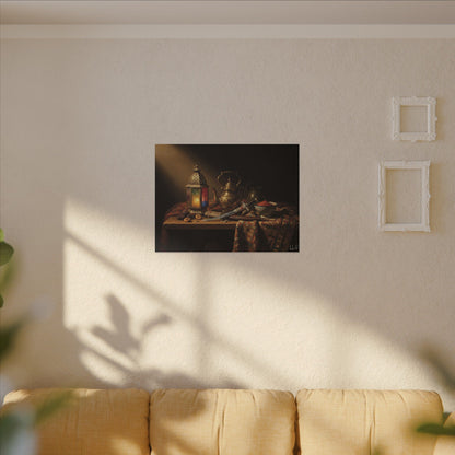 Oriental Still Life Canvas — Vintage Brass Teapot & Lantern Wall Art