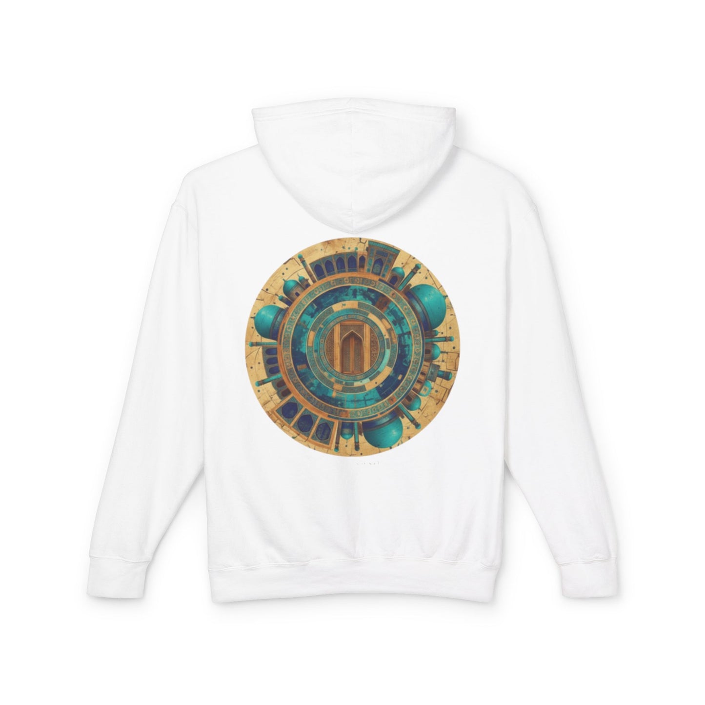 Hoodie — Vintage Teal & Gold Circular Architectural Graphic Hooded Sweatshirt