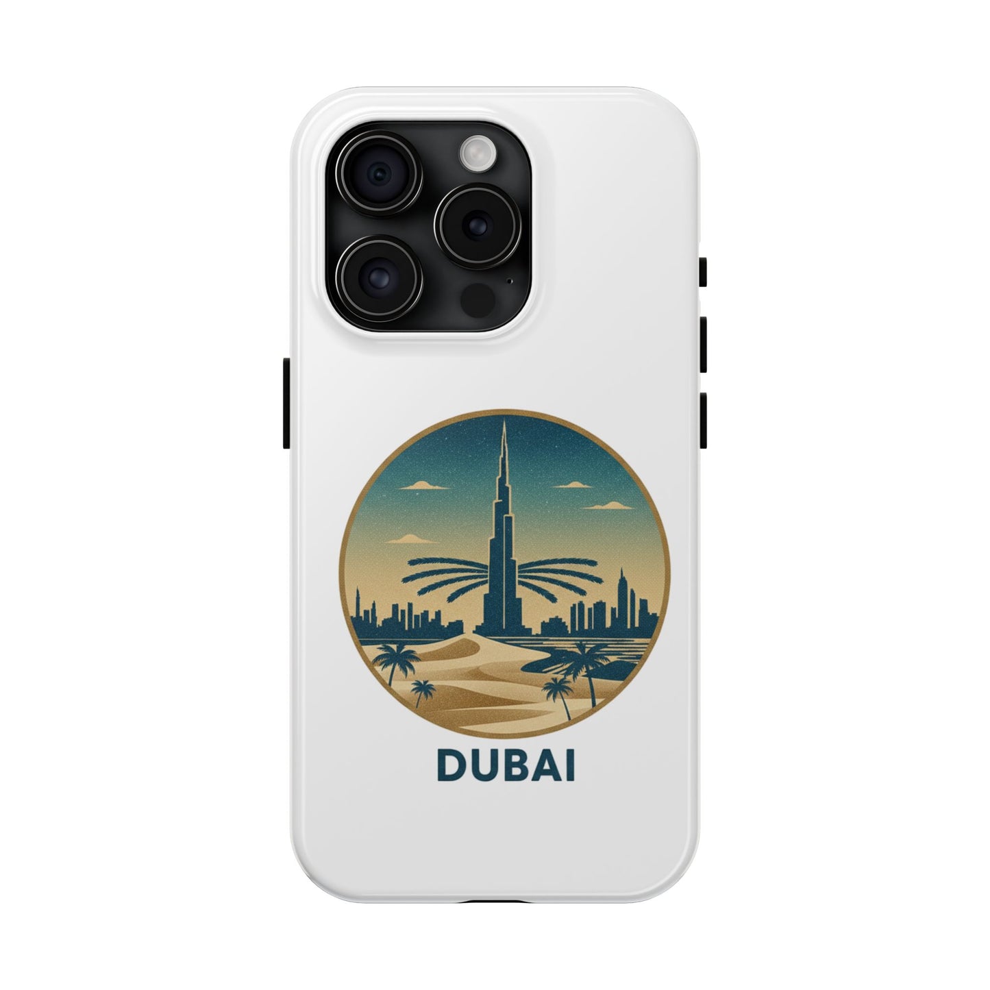Coque de téléphone résistante motif skyline de Dubaï — Étui de voyage rétro palmiers du désert