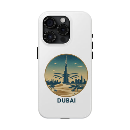Coque de téléphone résistante motif skyline de Dubaï — Étui de voyage rétro palmiers du désert