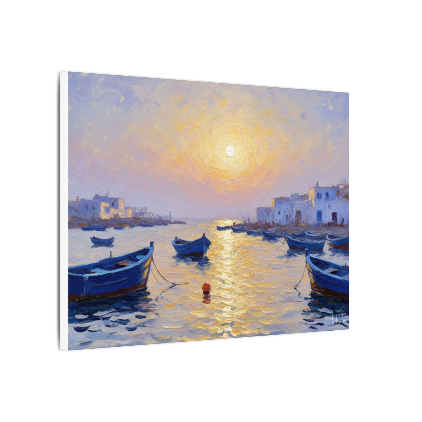 Seaside Sunset Canvas Print — Boats on Tranquil Harbor Wall Art