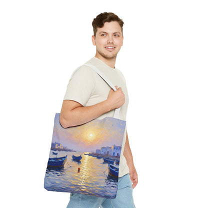 Sunset Harbor Tote Bag - Seaside Boats Art Print