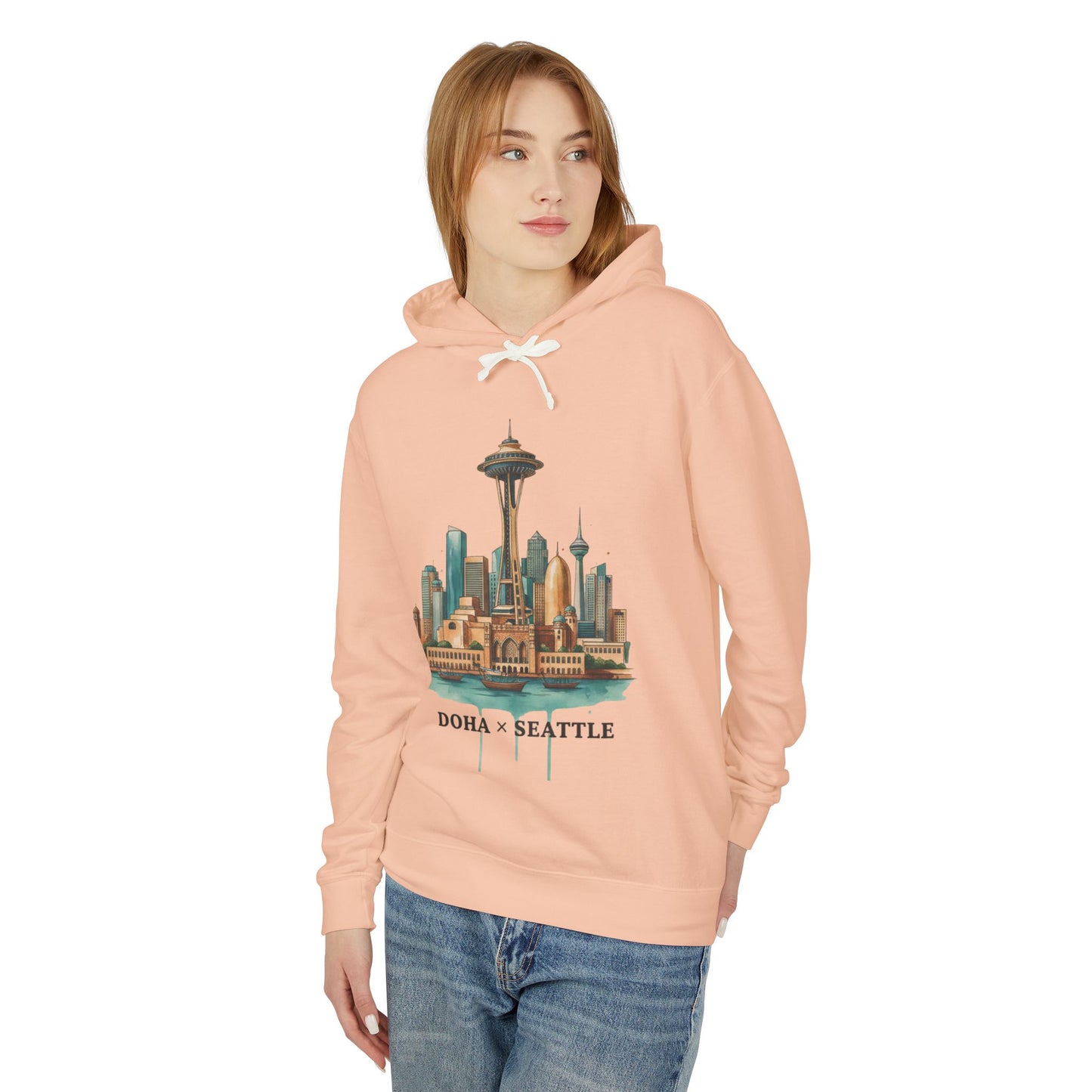 Doha x Seattle Skyline Hoodie — Retro Cityscape Pullover