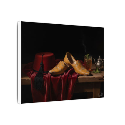 Nature morte sur toile — Chaussures en cuir et fez, décoration murale