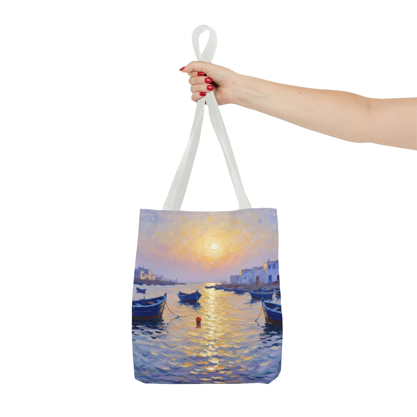 Sunset Harbor Tote Bag - Seaside Boats Art Print