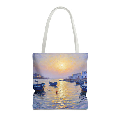 Sunset Harbor Tote Bag - Seaside Boats Art Print