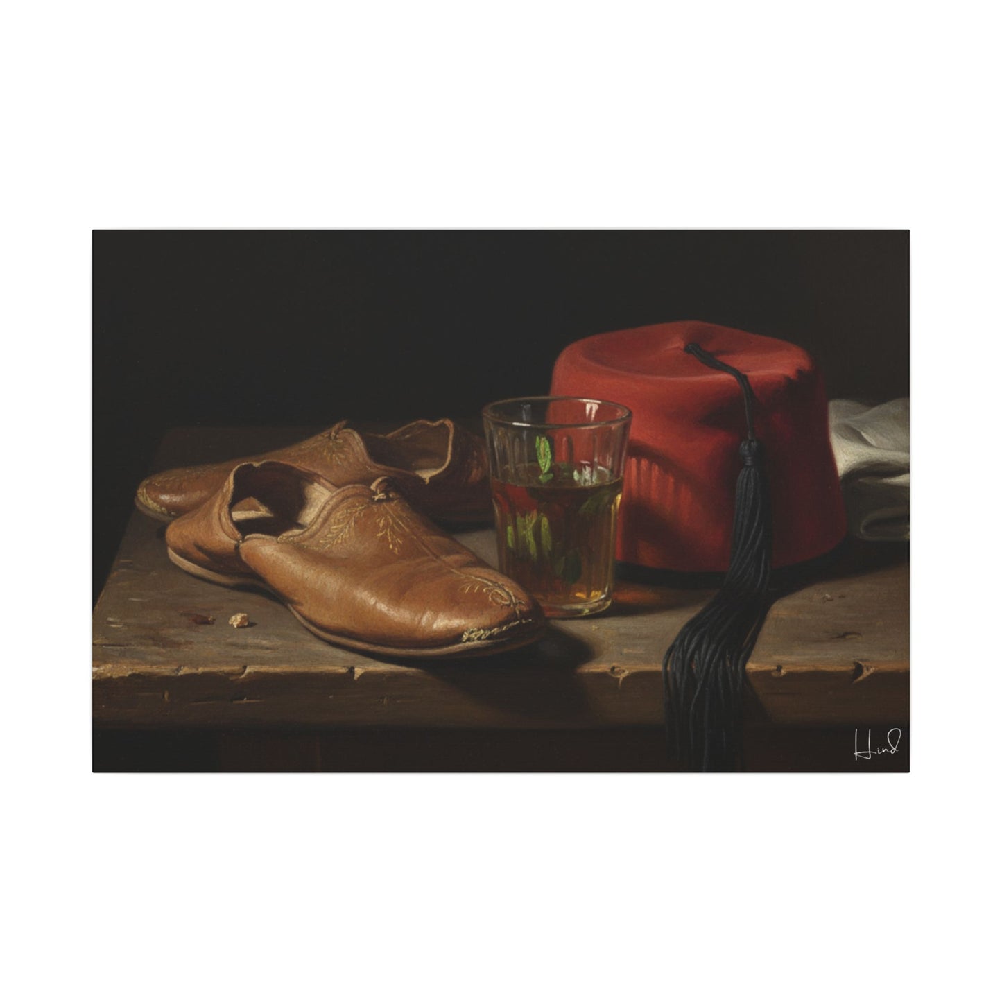 Still Life Canvas Print — Leather Shoes & Red Fez Wall Art