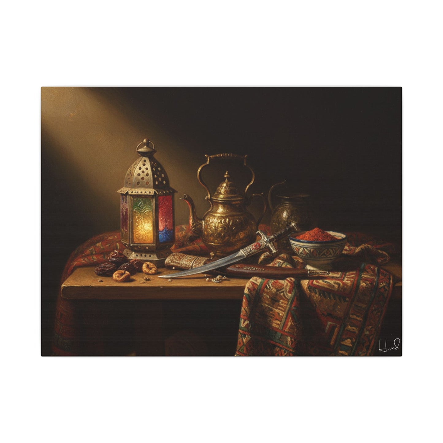 Oriental Still Life Canvas — Vintage Brass Teapot & Lantern Wall Art