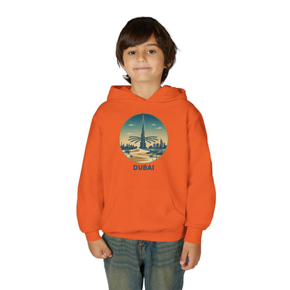 Dubai Skyline Youth Hoodie — Retro Desert Sunset Travel Sweatshirt