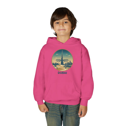 Dubai Skyline Youth Hoodie — Retro Desert Sunset Travel Sweatshirt