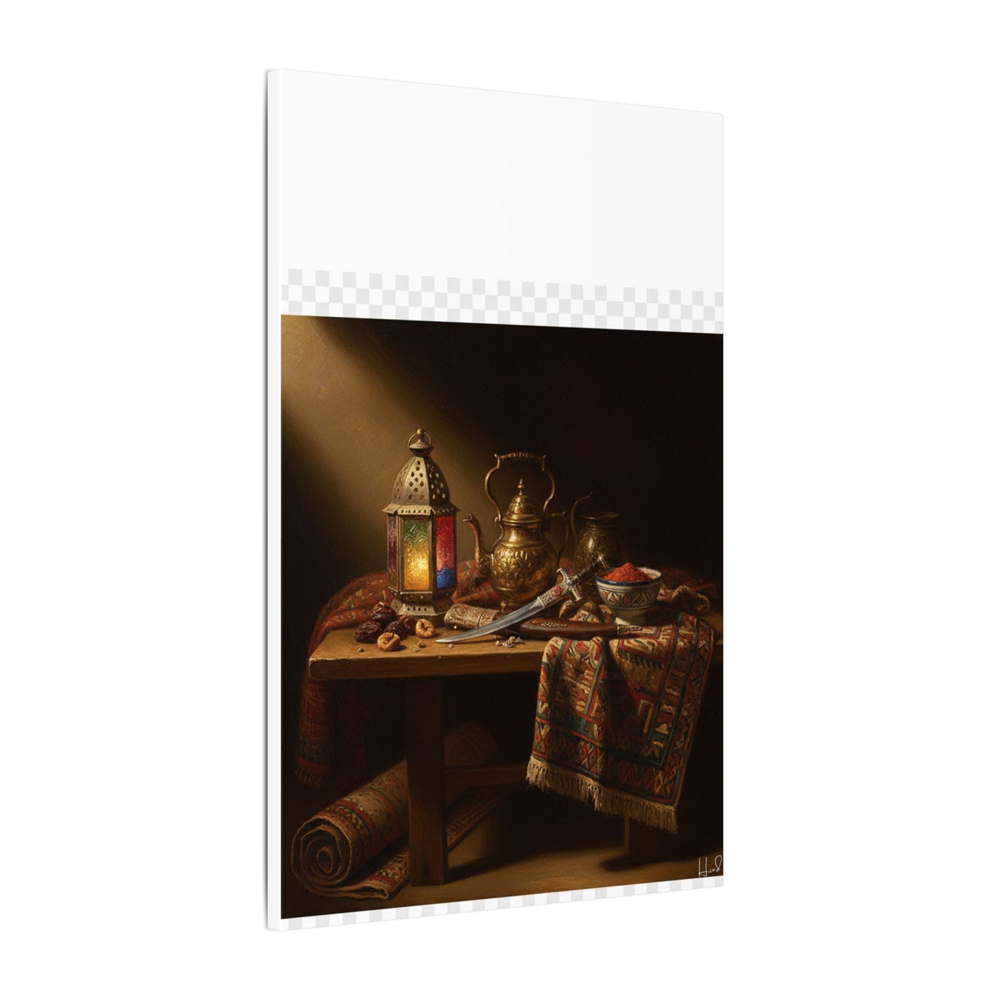 Oriental Still Life Canvas — Vintage Brass Teapot & Lantern Wall Art