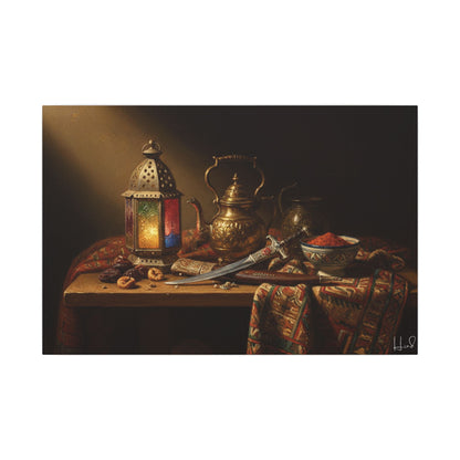 Oriental Still Life Canvas — Vintage Brass Teapot & Lantern Wall Art