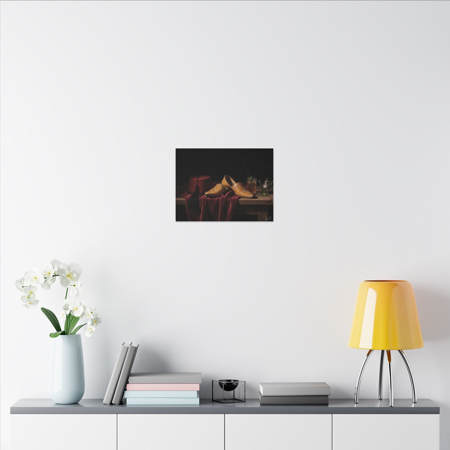 Nature morte sur toile — Chaussures en cuir et fez, décoration murale