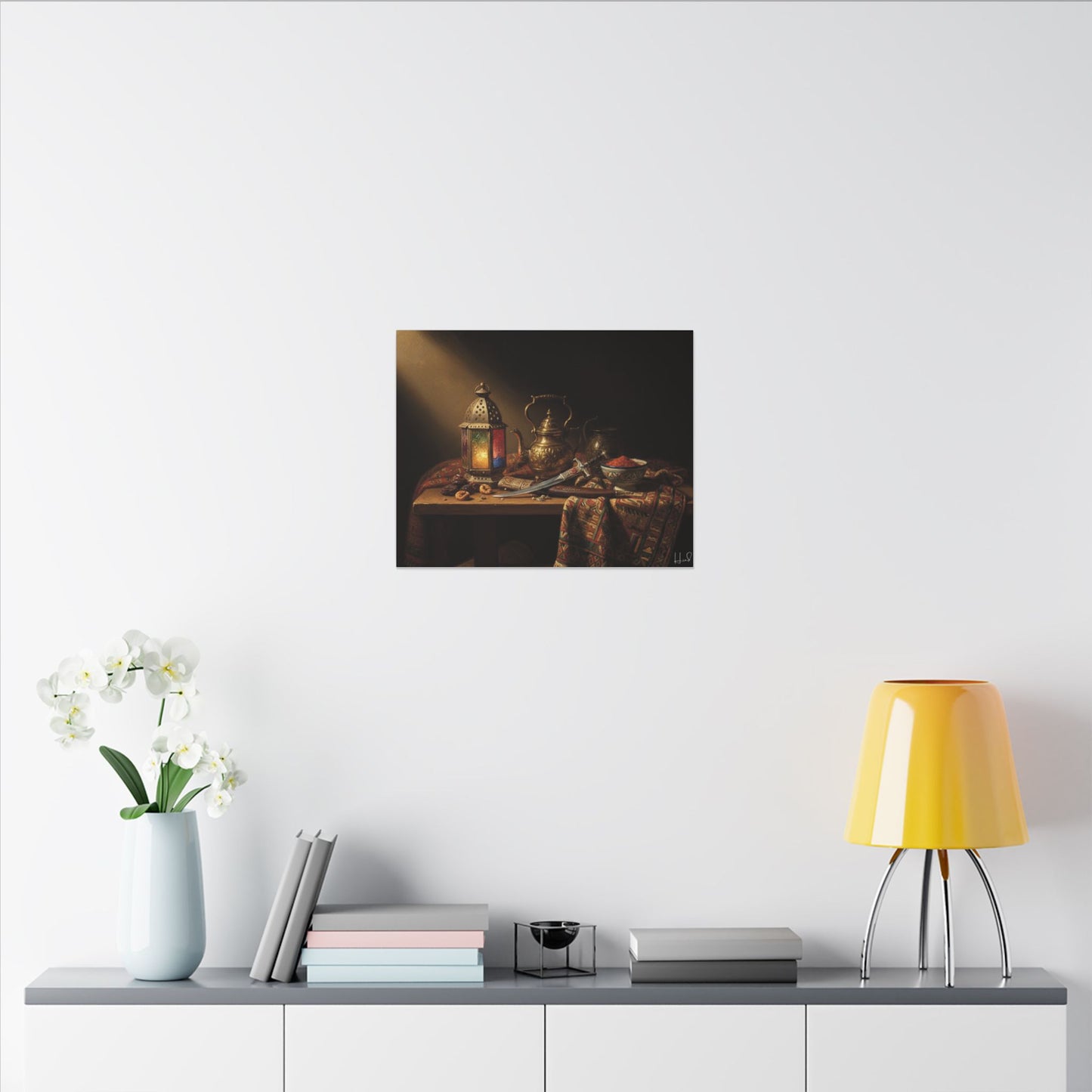 Oriental Still Life Canvas — Vintage Brass Teapot & Lantern Wall Art