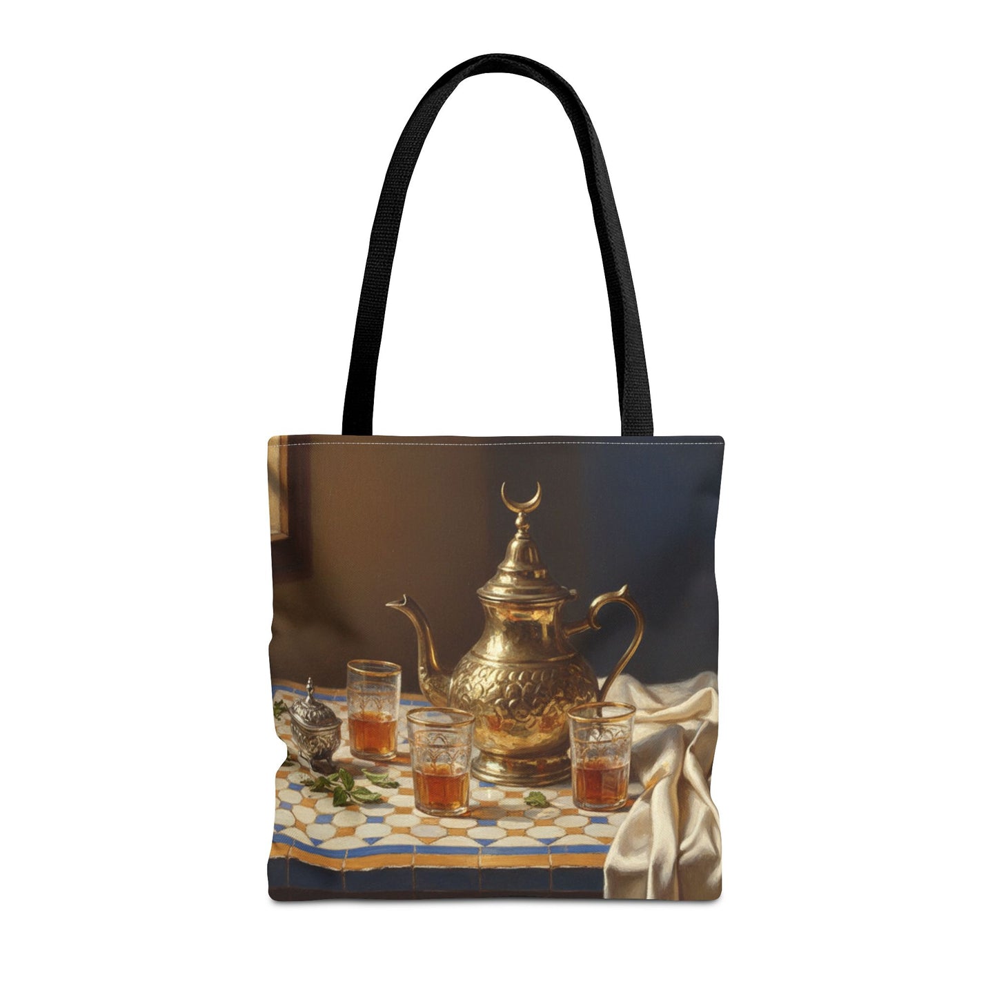 Moroccan Tea Set Tote Bag — Brass Teapot & Glasses AOP Tote