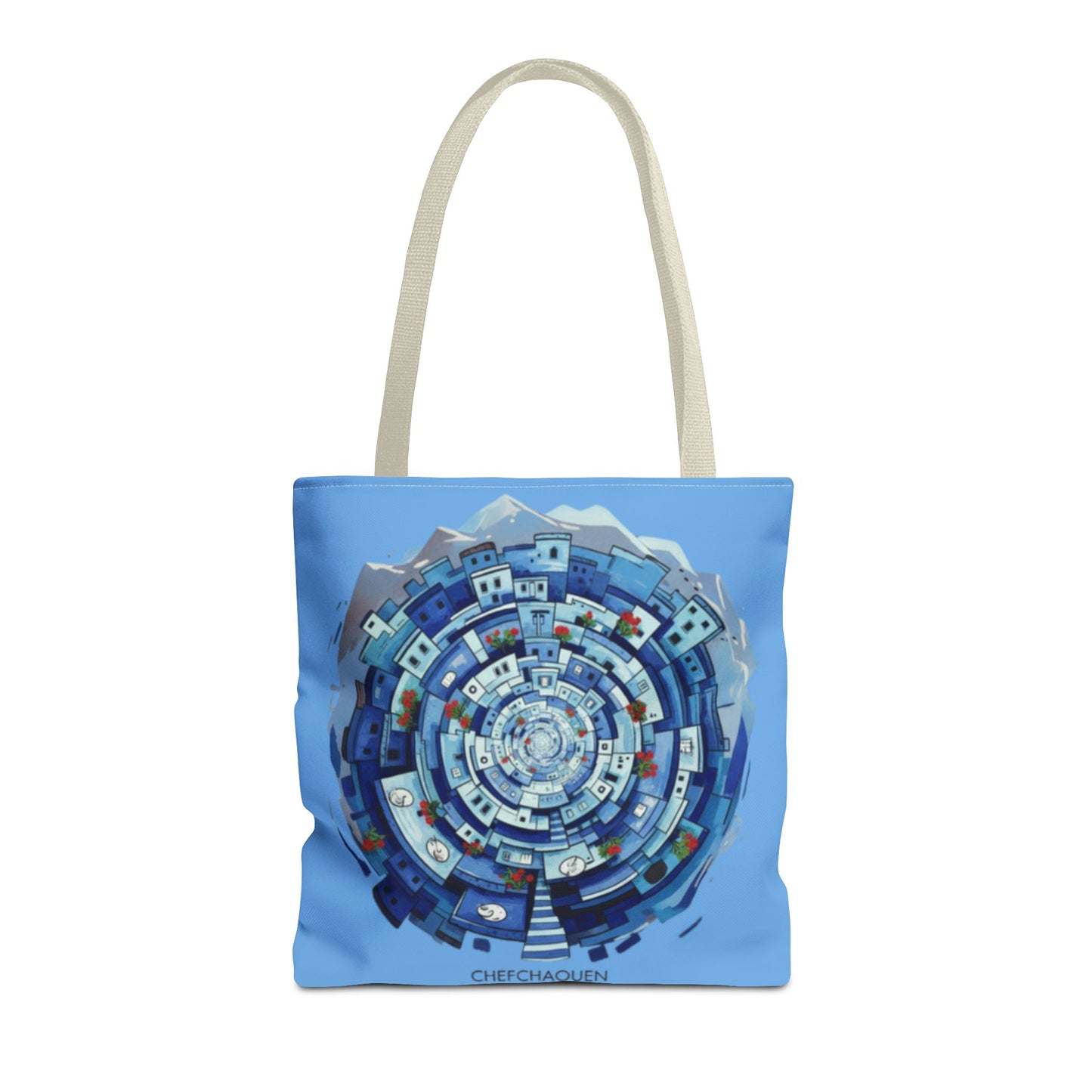 Blue Circular Cityscape Tote Bag — Abstract Urban Spiral All-Over Print Tote