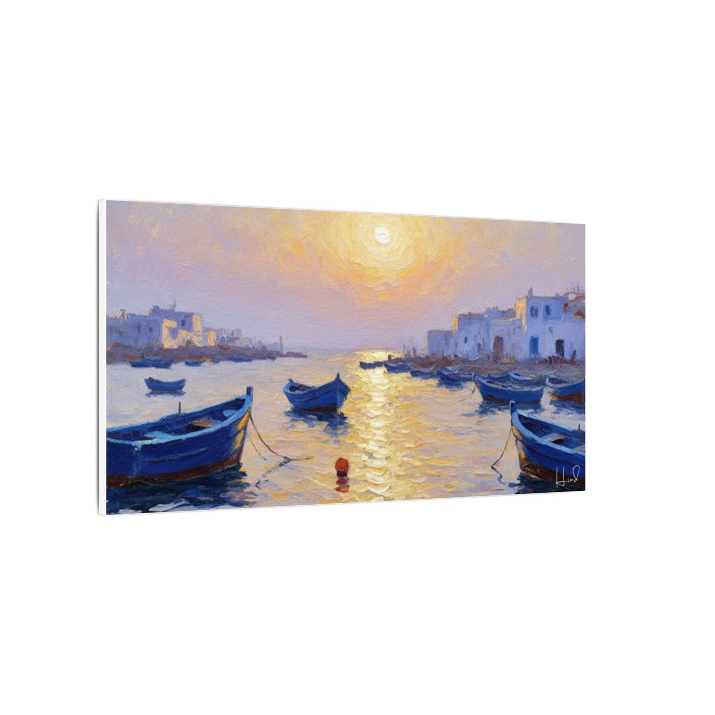 Seaside Sunset Canvas Print — Boats on Tranquil Harbor Wall Art