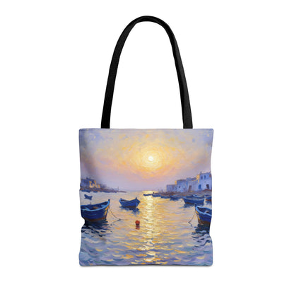 Sunset Harbor Tote Bag - Seaside Boats Art Print